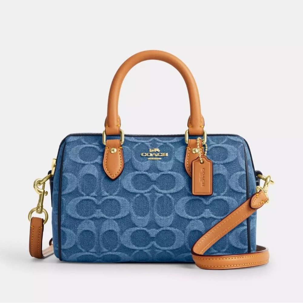 New Coach Mini Rowan Crossbody Bag In Signature Denim CDQ36 denim/Gold/Indigo